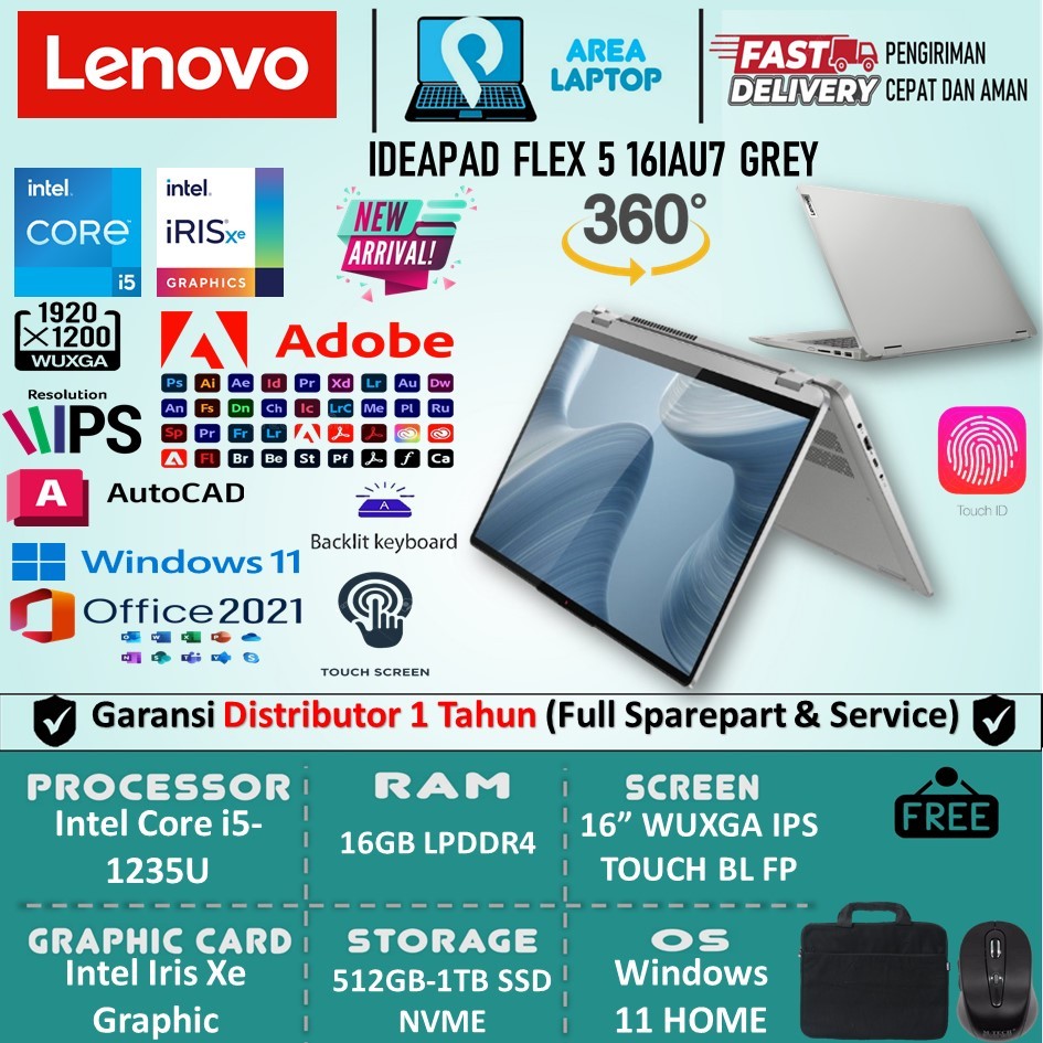 Laptop 2in1 Lenovo Ideapad FLEX 5 16 Intel i5 1235U 16GB 1TB SSD WUXGA IPS TOUCH Backlite FP Win11
