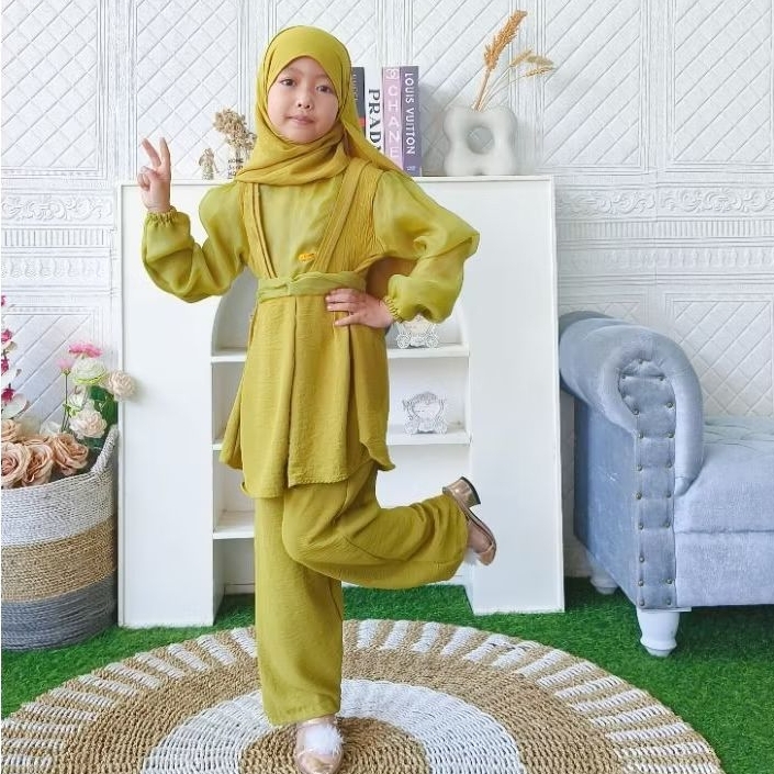 Oneset Setelan Organza Anak Perempuan Premium Set Celana Hijab 3-14th// Setcel Lebaran Organza