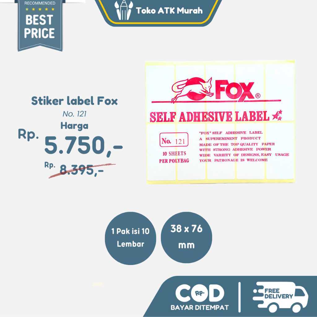 

Kertas / Label Stiker Fox No. 121 uk. 38 x 76 mm (Persegi Panjang)