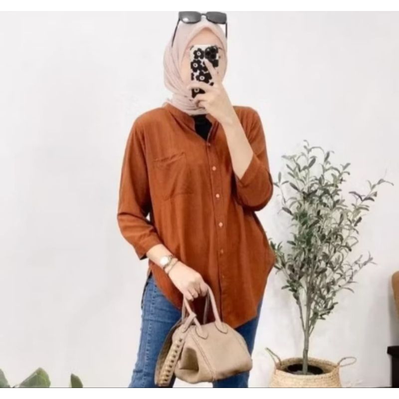 COD KEMEJA ATASAN WANITA SYAKILA RAYON TWILL LENGAN 7/8. BLUS POLOS  ATASAN POLOS BLUS SYAKILA BLUS 