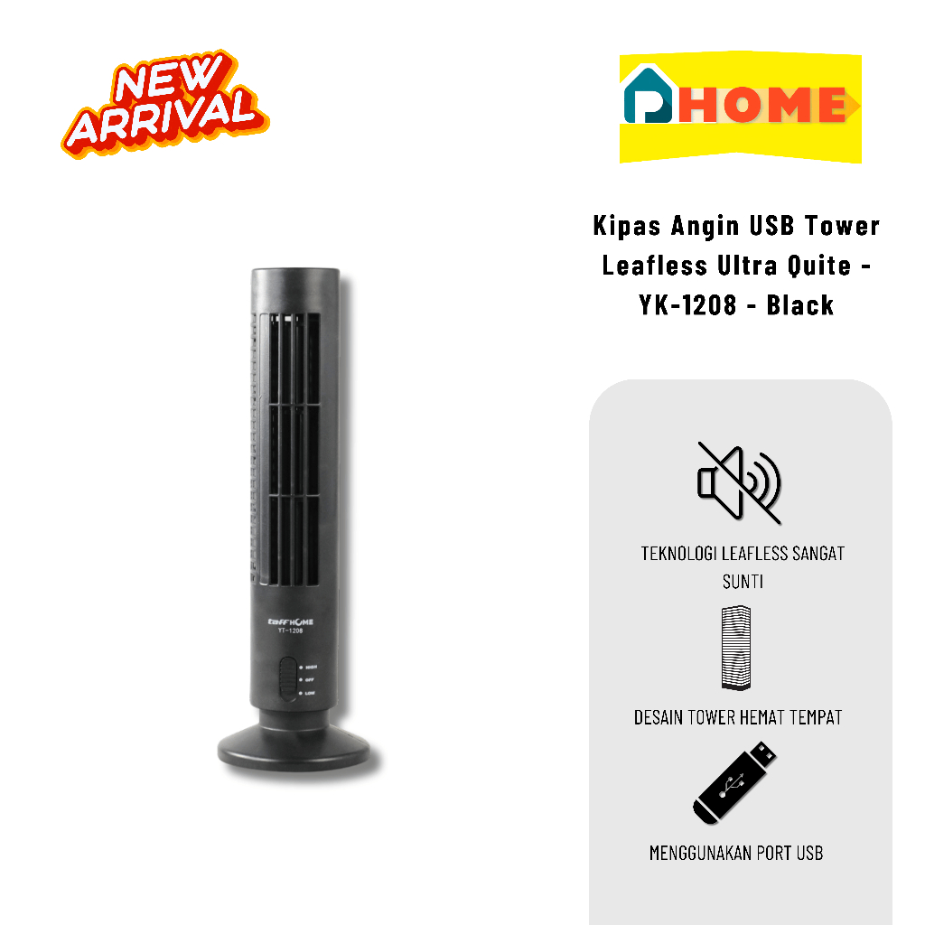 Kipas Angin USB Tower Leafless Ultra Quite - YK-1208 - Black