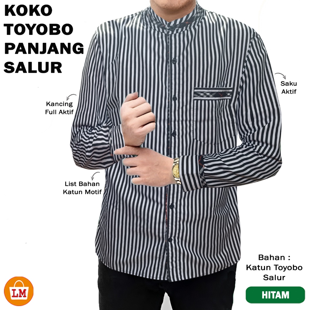 Baju Koko Muslim Garis Salur Hitam Putih Lengan Pendek dan Panjang Casual Atasan Hem Pria Stripe Bas