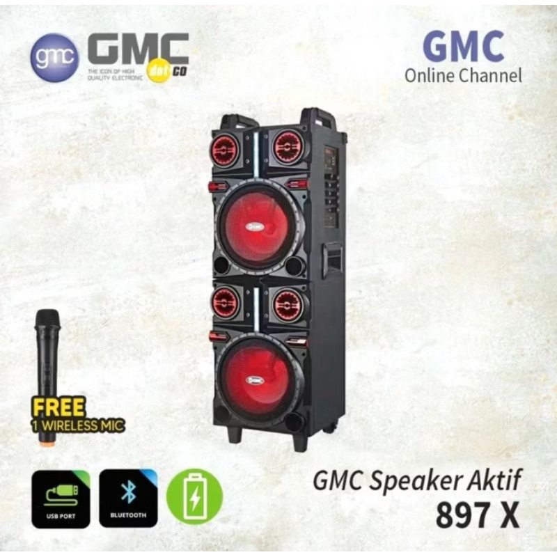 SPEAKER PORTABLE BLUETOOTH 2 x 8inch GMC 897X 897 X Free Mic Wireless