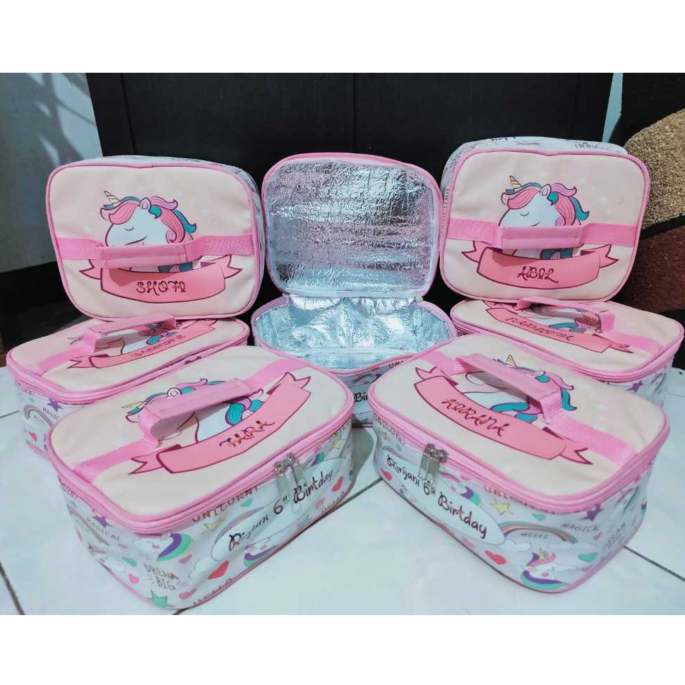 

Tas lunch bag souvenir full printing/full lapisan alumunium foil/free desain sesuai permintaan/free nama satu satu tiap tas