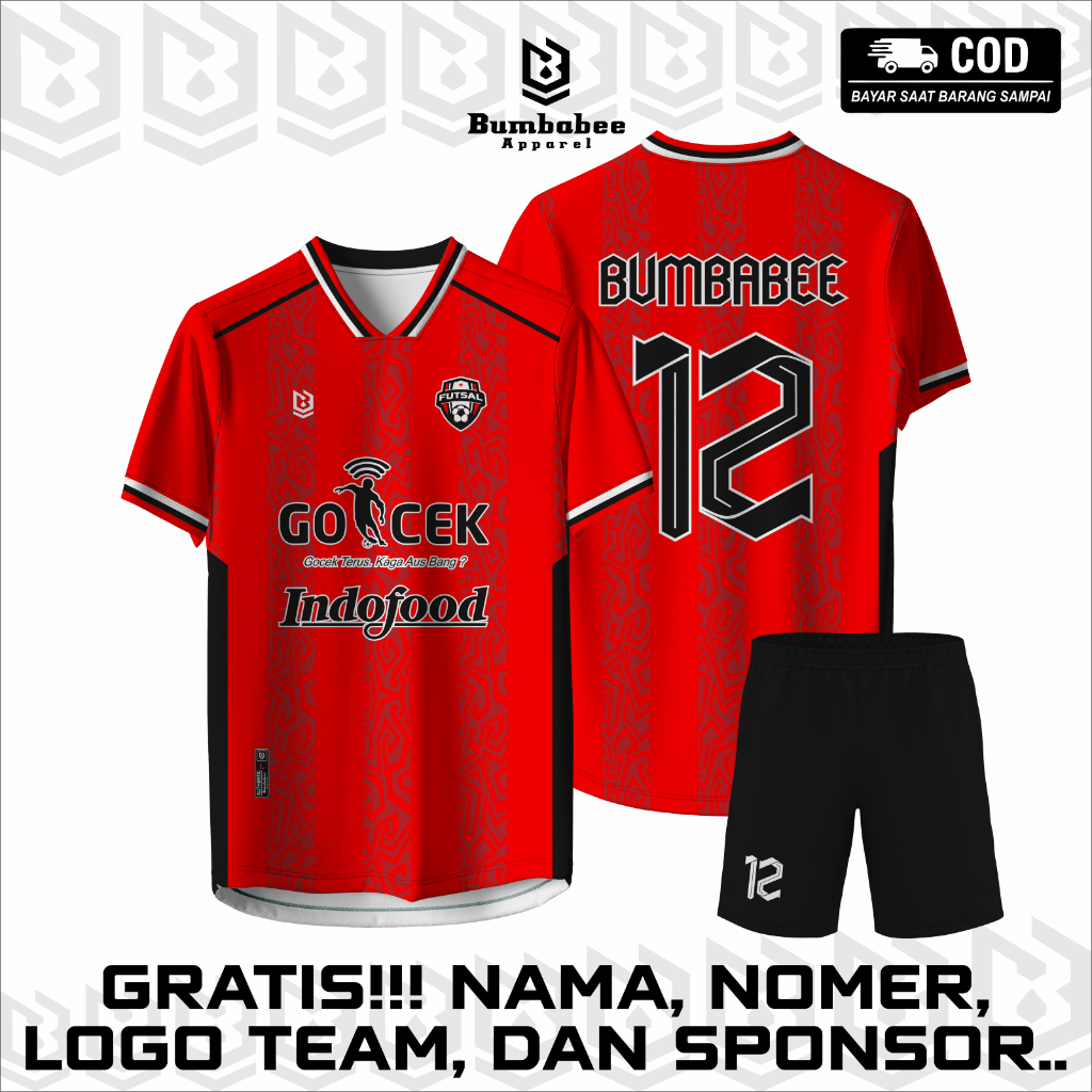 Baju futsal custom full printing drifit Jersey Volly Takrow Badminton Merah Motif