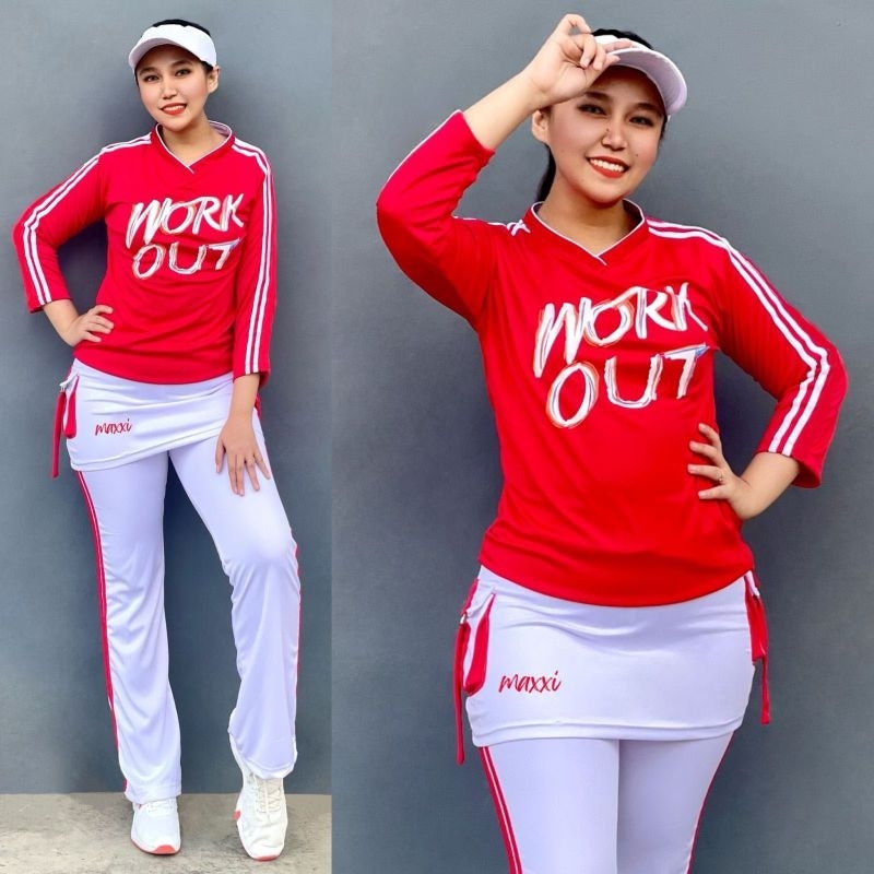 BARU Stelan Baju Senam Workout Rok Series  Indoor Outdoor Seri Merah Putih