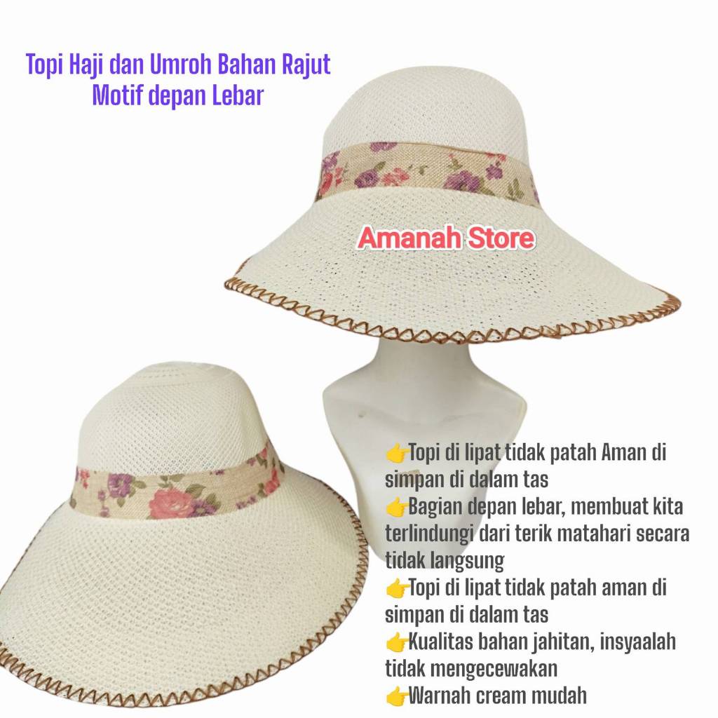 topi wanita haji dan umroh bahan rajut motif bulat depan lebar