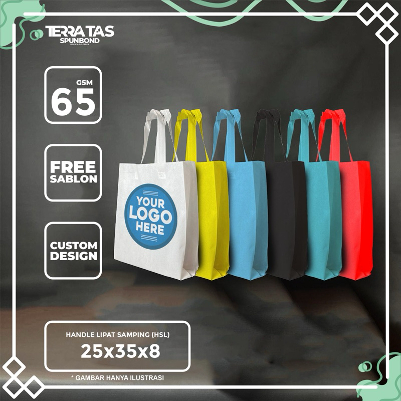

Custom Sablon 65 GSM 25x35x8 Kantong Belanja Souvernir Goodie Bag Kain Spunbond Hampers Handle Lipat Samping