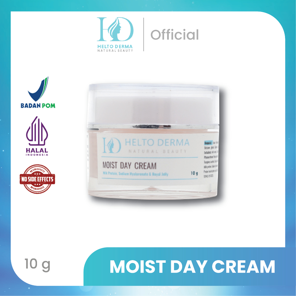 HELTO DERMA - Moist Day Cream 10g Krim Pelembap Wajah Milk Protein, Royal Jelly,Tersertifikasi BPOM