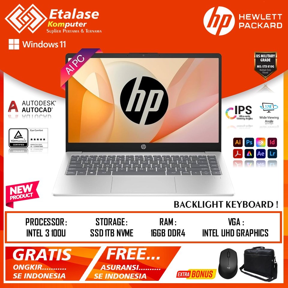 LAPTOP HP 14 TERBARU INTEL 3 100U RAM 16GB DDR4 SSD 512GB NVME WINDOWS 11 ORIGINAL