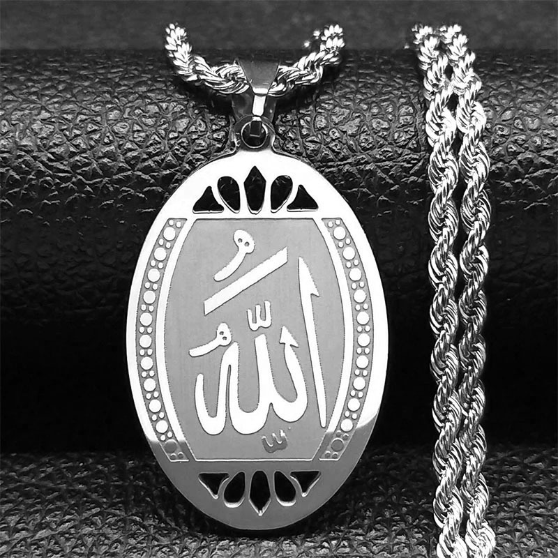 Kalung Muslim Tulisan Allah Oval Silver / Kalung Rantai Liontin Lafadz Allah Oval / Muslim Islamic Q