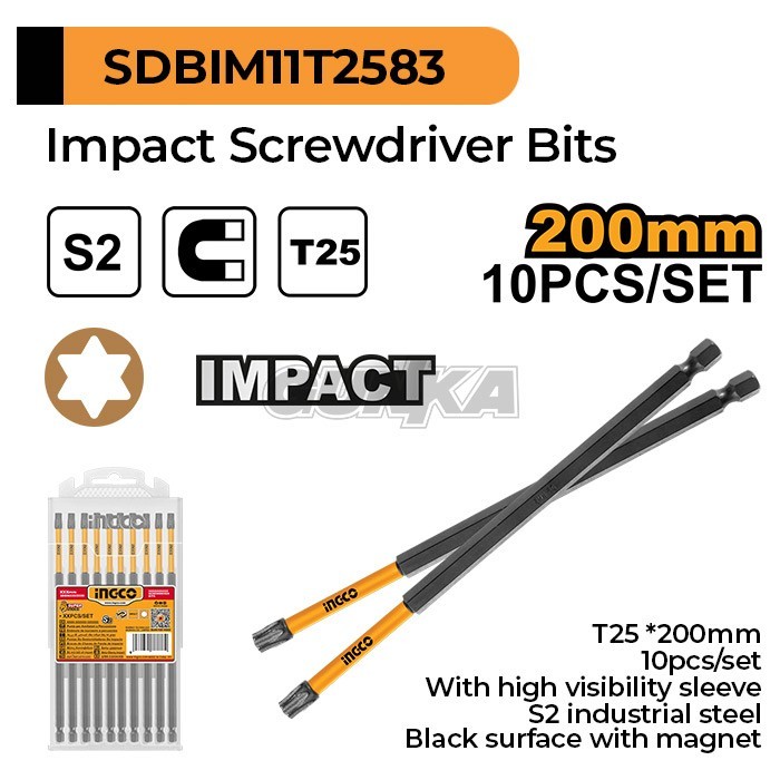 [PACK] Impact Screwdriver Bit Torx Bintang Panjang T25 x 200mm INGCO SDBIM11T2583 Mata Obeng Long Ma