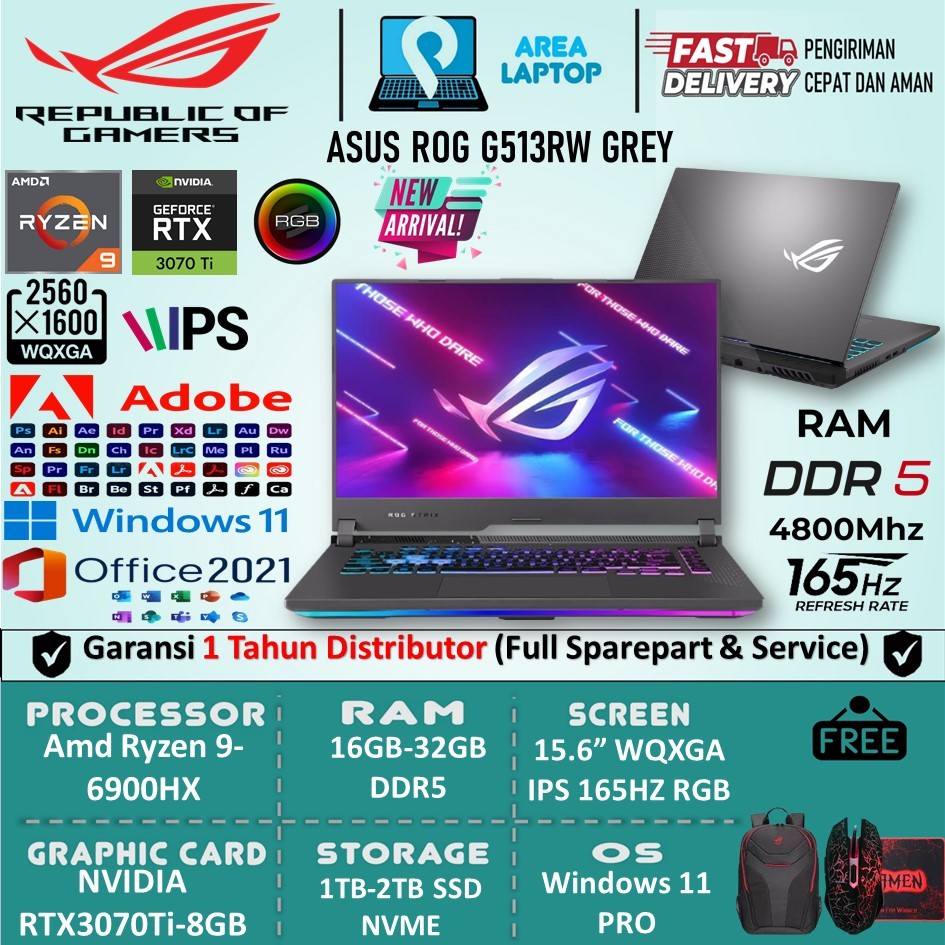 Asus Rog Strix G513RW Amd Ryzen 9 6900HX 32Gb DDR5 1Tb RTX3070Ti-8Gb WQXGA IPS 165Hz RGB Win11 PRO