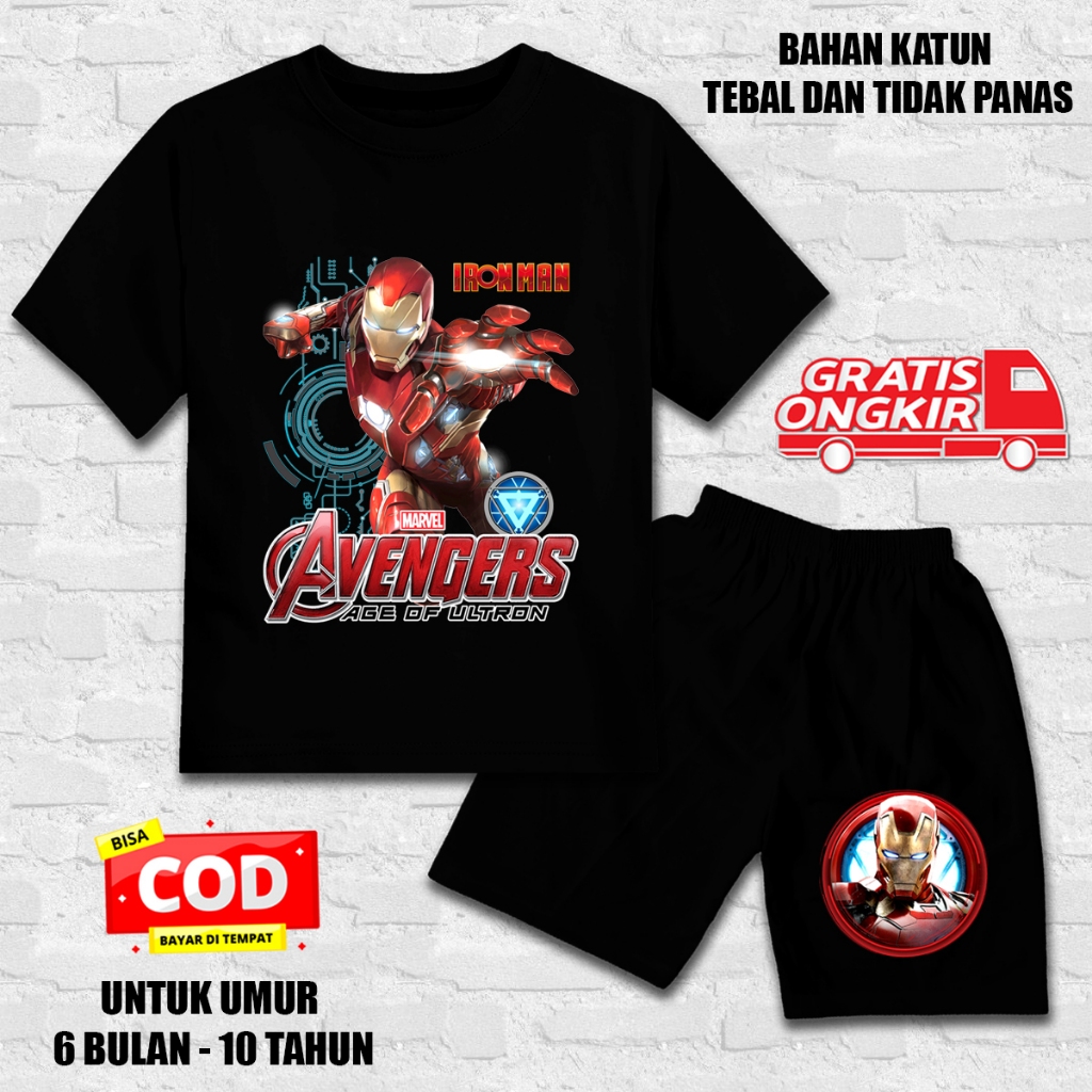 Setelan lengan pendek anak laki laki perempuan set kaos anak katun dtf iron man 2