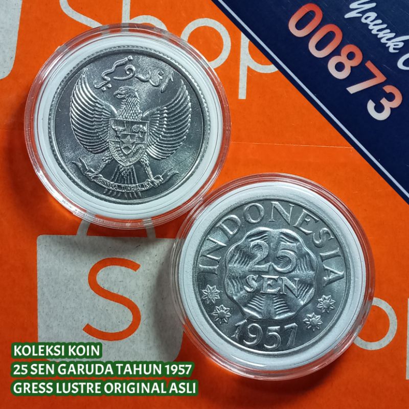 Uang Kuno Koin 25 Sen Garuda Tahun 1957 Langka Gress Baru Lustre Original+Kapsul