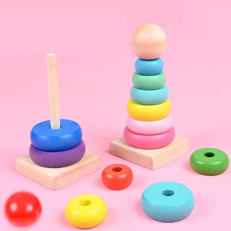 Mainan Xylophone Donat Susun / RAINBOW TOWER / MENARA DONAT KAYU RING DONAT KAYU MAINAN EDUKASI KAYU
