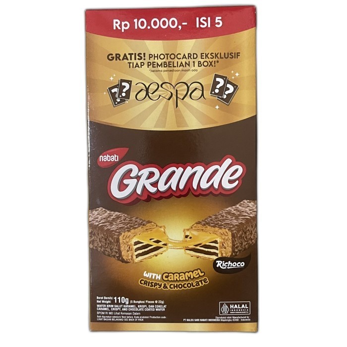 

Mouseman - Nabati Grande with Caramel Crispy & Chocolate Richoco wafer krim salut karamel, krispi, dan cokelat 1 BOX (22gr x 5 Pcs) 110gr