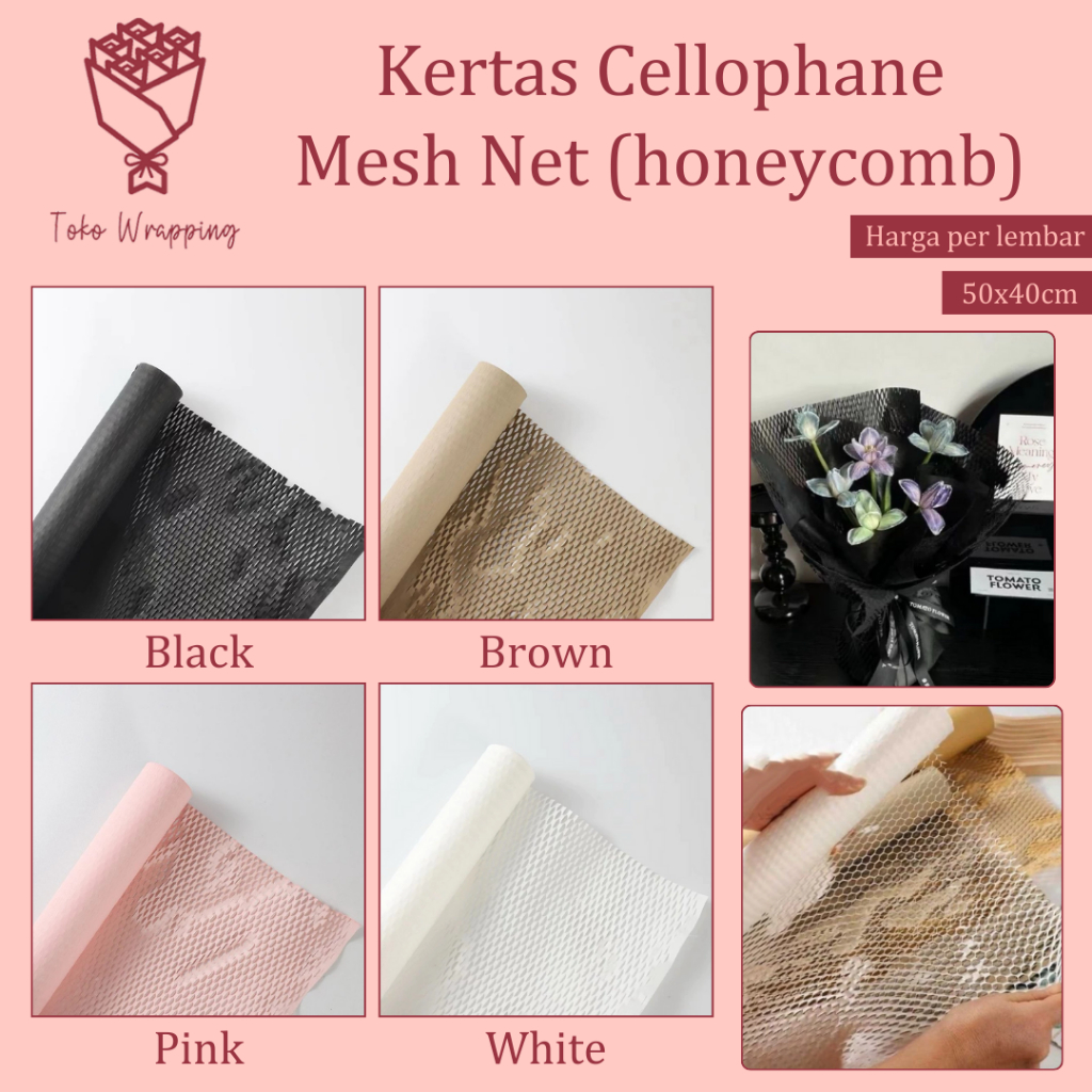 

Kertas Wrapping Honeycomb (50x40cm) / Kertas Cellophane Buket Jaring Korean Mesh Net untuk Pembungkus Hand Bucket Snack Uang