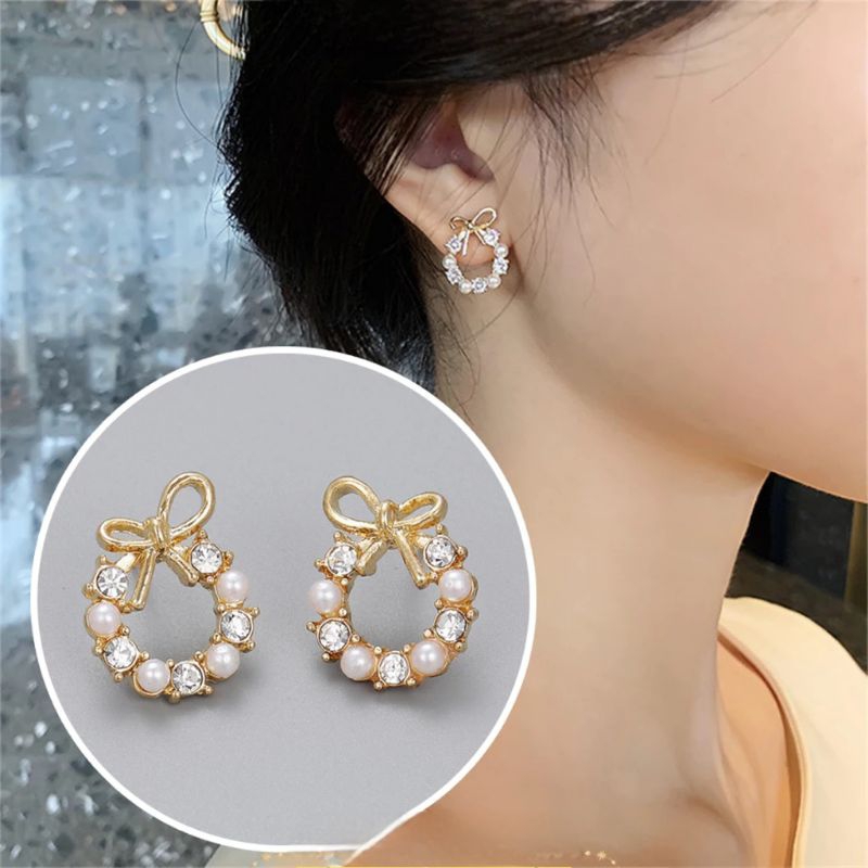 Anting Tusuk Pita Mutiara Korea Wanita Anting Lingkaran Hiasan Crystal Mutiara Wanita
