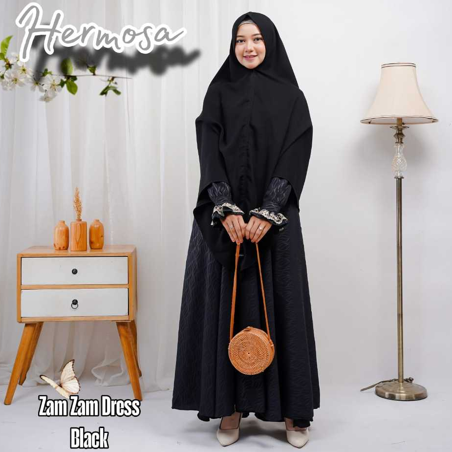 [Gamis hermosa]Gamis hermosa bahan wolfis embos motif zamzam semua warna-gamis syari wolfis premium