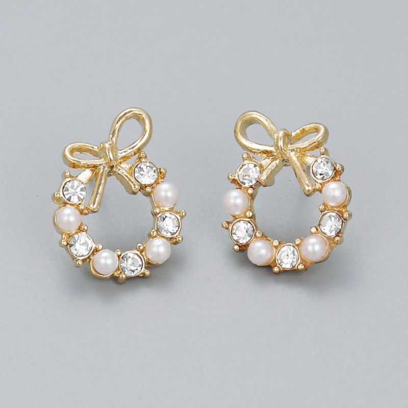 Anting Tusuk Mutiara Pita Wanita Anting Lingkaran Hiasan Crystal Mutiara Wanita Korea