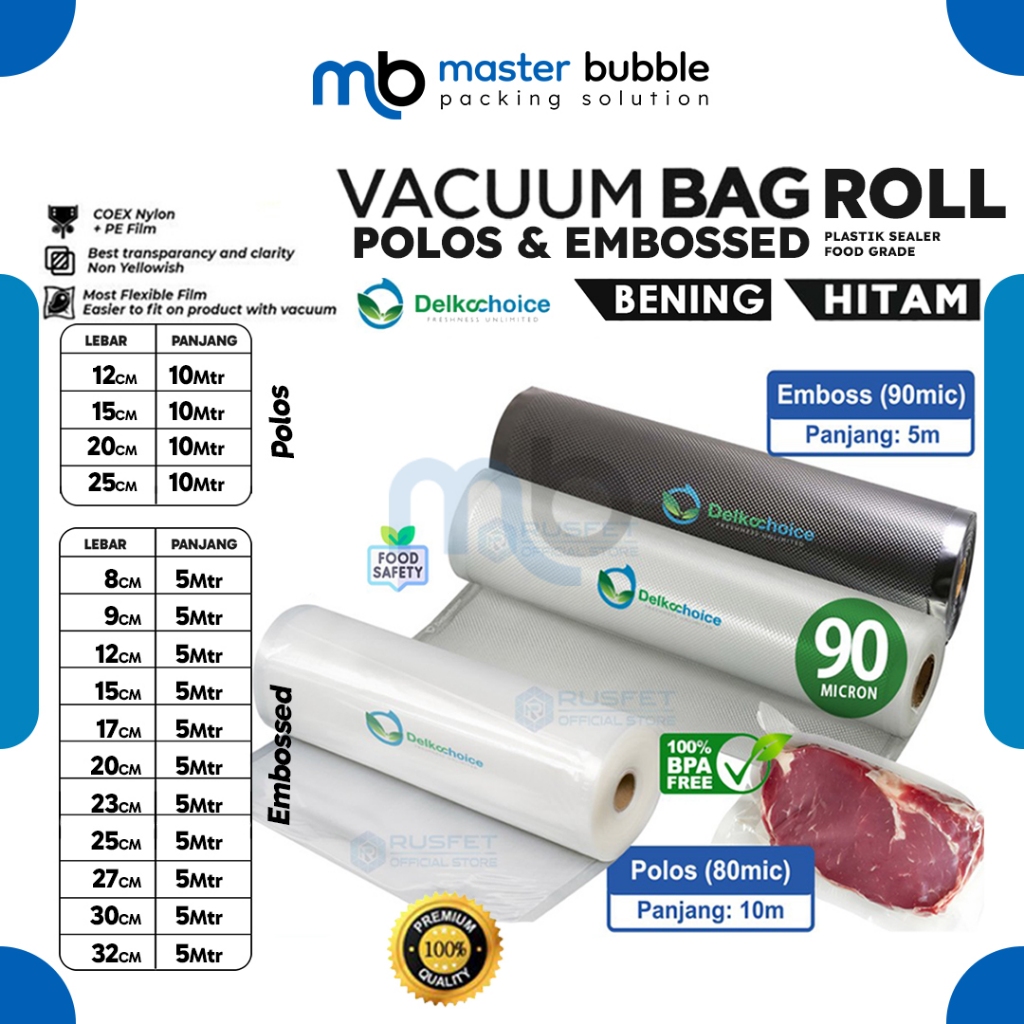 Plastik Vacuum Vacum Bag ROLL Plastik Vakum Sealer Makanan Polos Emboss Bening Hitam - Delkochoice