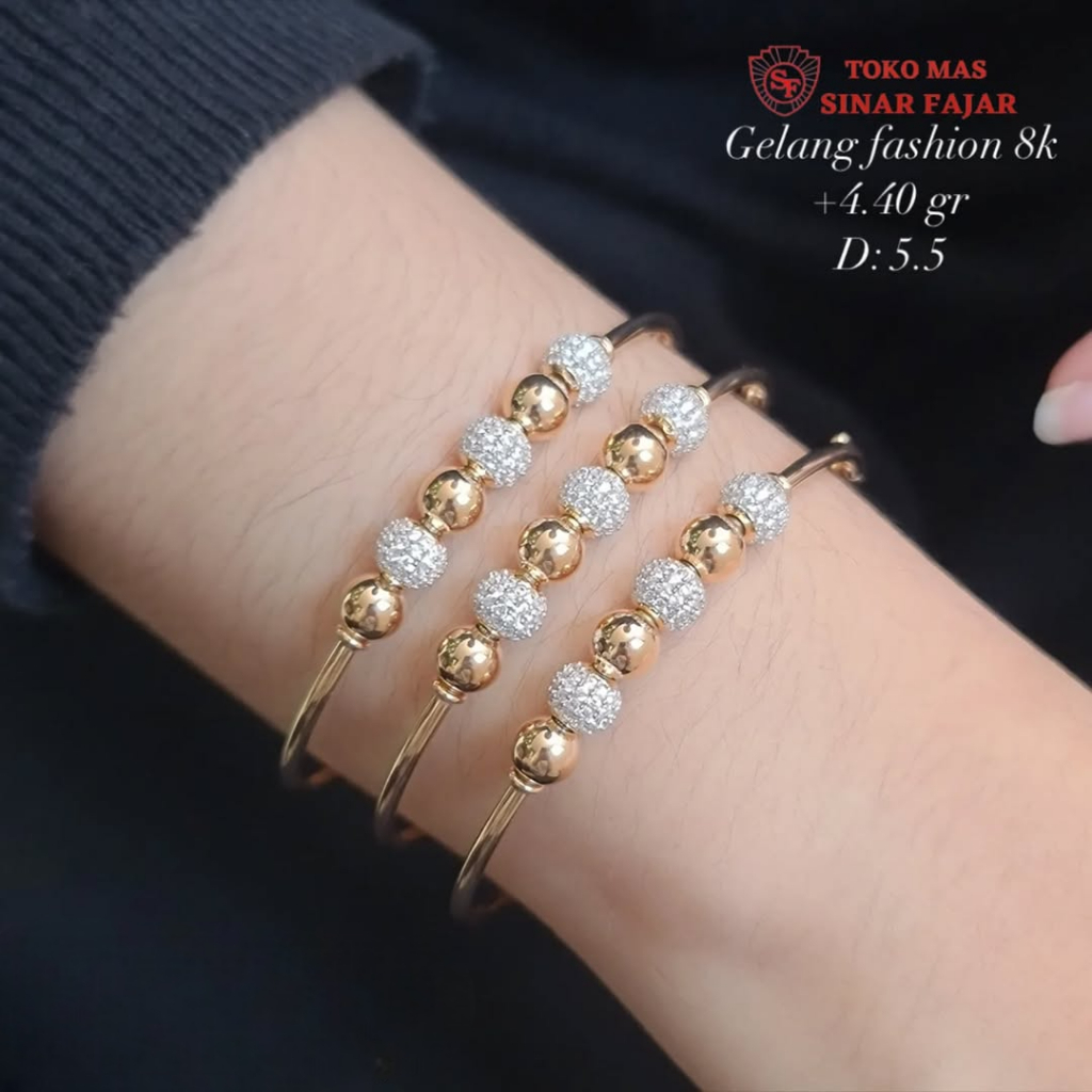 Gelang bangle emas model candy polos variasi mata kadar 8k/375% kadar muda berat 4.40 gr mulai