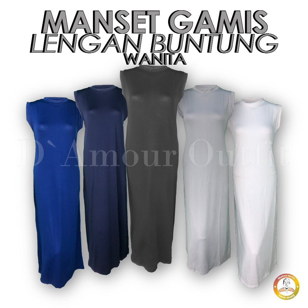 Baju Manset Gamis Wanita Warna Polos Lengan Pendek-Yukensi Kerah O Neck Inner Long Dress Dalaman Gam