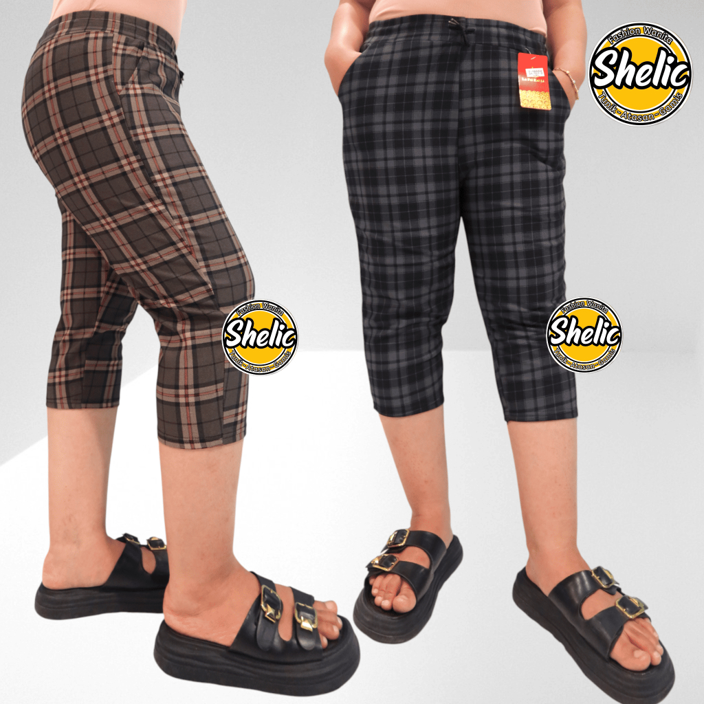 celana pendek wanita 7/8 || celana pendek kotak kotak & garis || size standar & jumbo