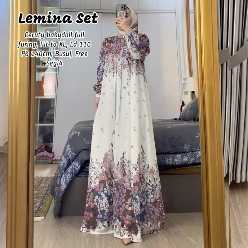 Ready Lemina Gamis Set Wanita Muslimah Terbaru Dress Set Hijab Motif (Label Jasmine)