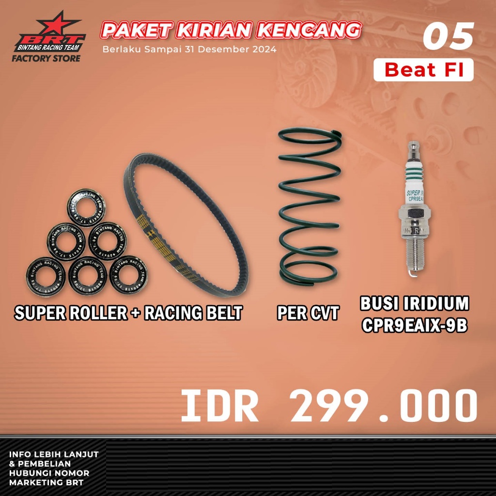 PAKET KIRIAN KENCANG 5 BEAT KARBU BRT -  ROLLER + BELT + PER CVT + BUSI IRIDIUM BEAT KARBU - BRT BIN