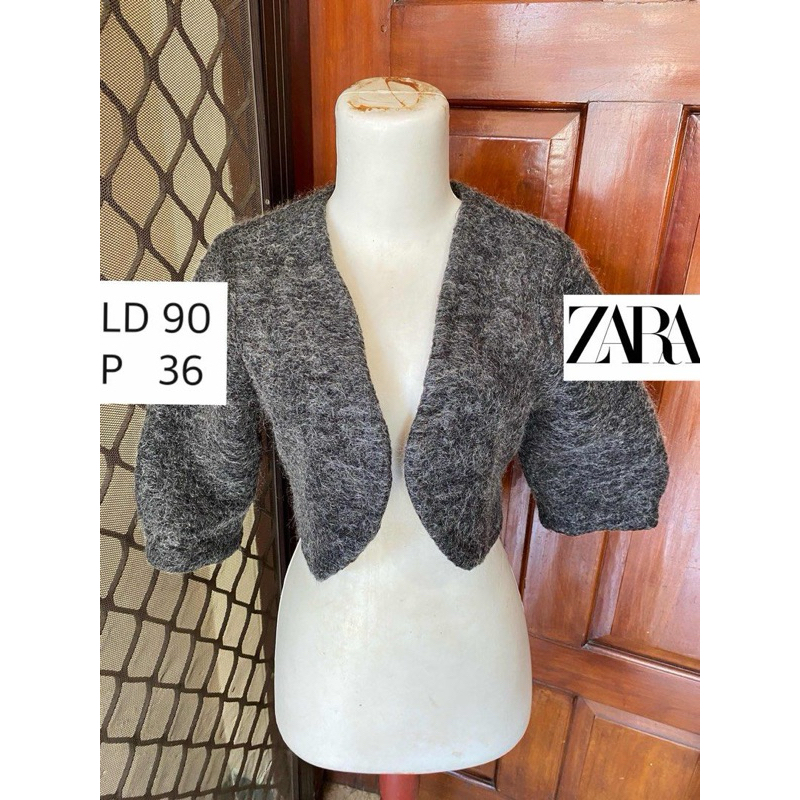 ZARA Tweed Crop Top Semi Blazer Outer Wanita Grey Abu Bahan Wol - preloved