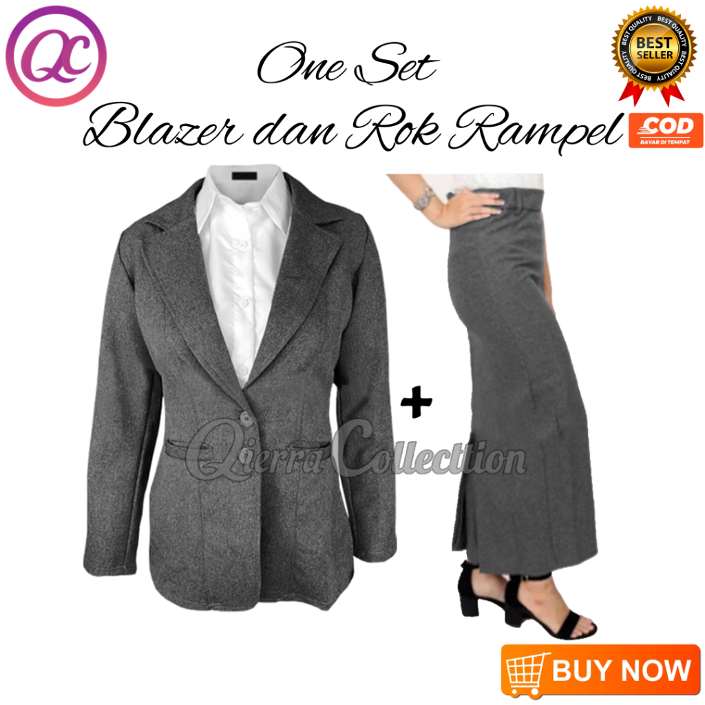 One Set Pakaian Kerja Blazer dan Rok Rampel Span wanita, stelan kerja cewek kantoran setelan perempu
