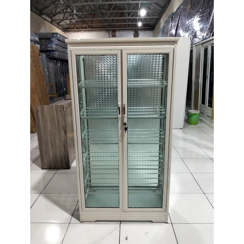 LEMARI SEPATU KACA 2P TINGGI WARNA PUTIH SUSU UK 80×140