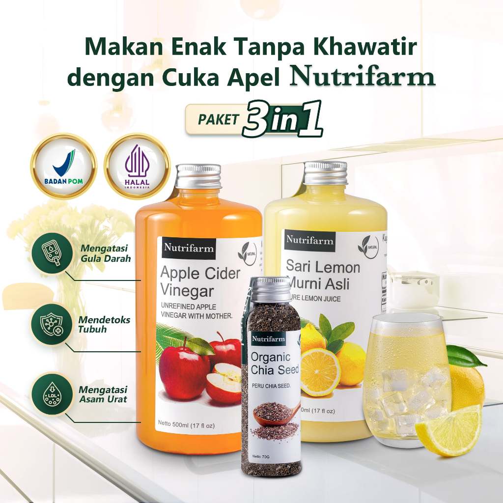 

PAKET DIET CUKA APEL 3 IN 1 CUKA APEL SARI LEMON CHIA SEED ORIGINAL ORGANIK 500ML / APPLE CIDER VINEGAR / CUKA SARI APEL / BRAGG NUTRIFARM DEHEALTH SUPPLIES DARIBUMI BEORGANIK