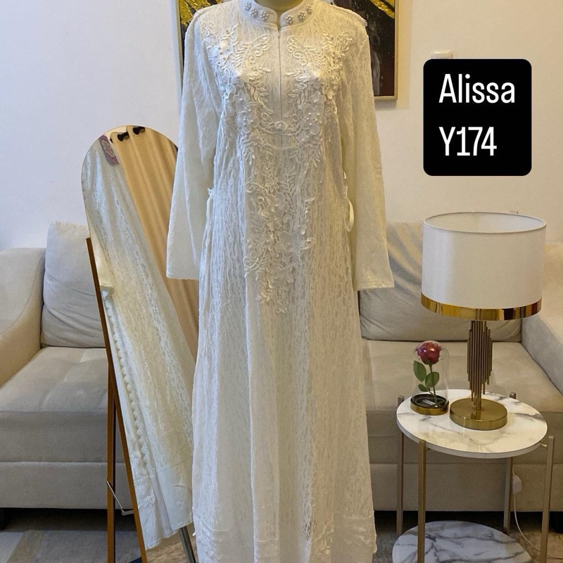Gamis Alissa brokat putih tali samping mewah