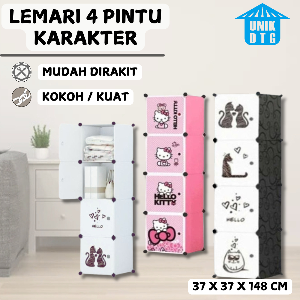 Lemari Baju 4 Pintu Plastik Pakaian Rak Karakter Mudah Bongkar Pasang Serbaguna
