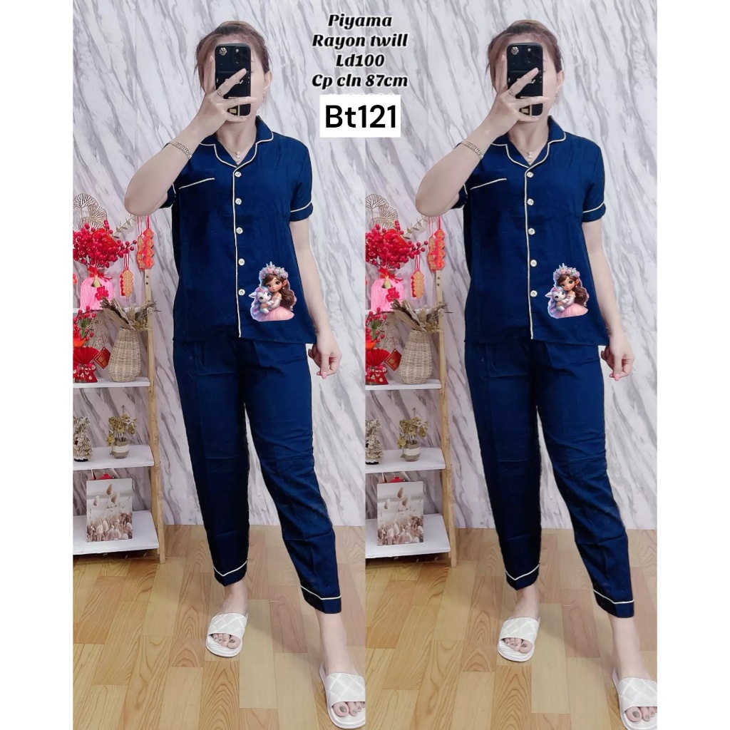 Setelan Piyama Wanita / PIyama Celana Panjang Rayon Twill / Motif kudaponi