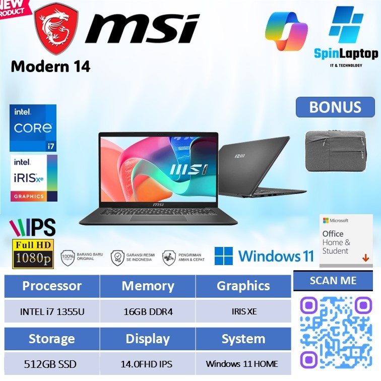 Laptop msi Modern 14 F13MG core i7 1355u ram 16GB ssd 512gb Layar FHD IPS Baru Resmi