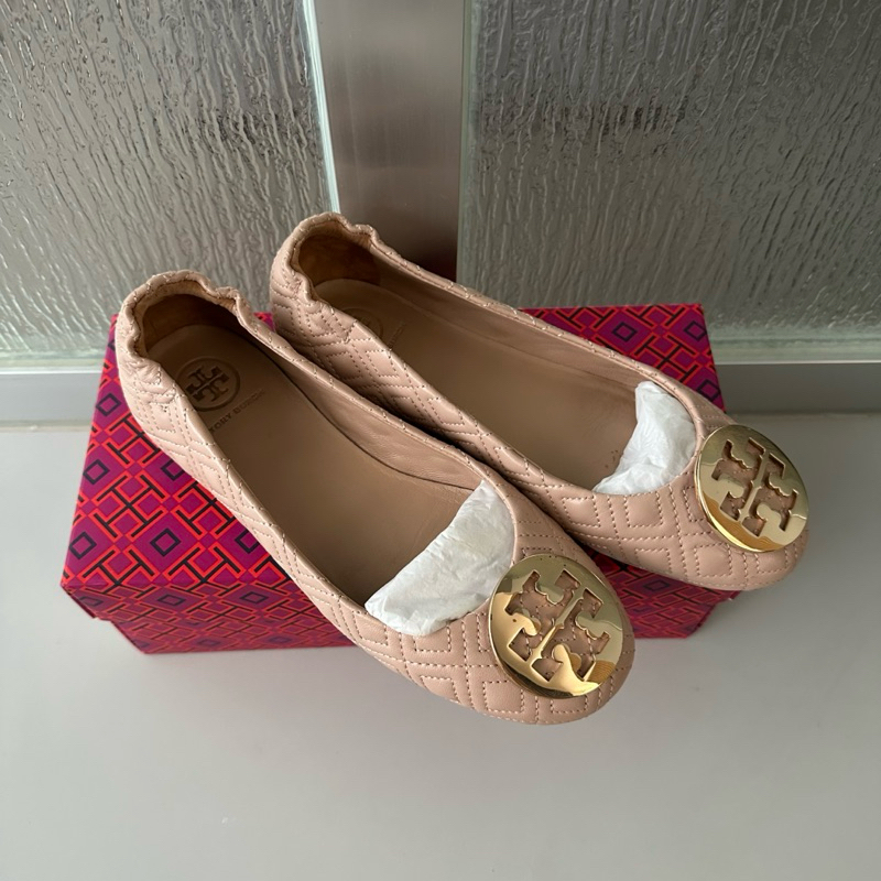 𝙋𝙍𝙀𝙇𝙊𝙑𝙀𝘿 Authentic Tory Burch TB Minnie Travel Ballet Quilted Leather Flats Shoes Sepatu Wanita Bran