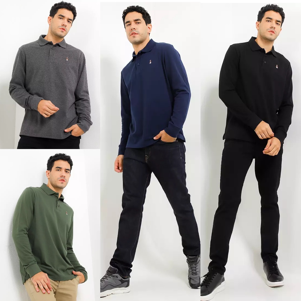 Hush Puppies Omega Long Sleeve Polo Shirt Original (Kaos / Tshirt Berkerah Pria Lengan Panjang)