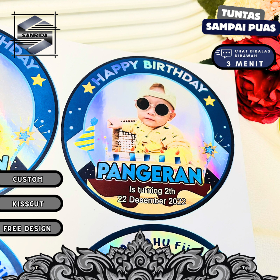

2-4 Hologram Stiker Ulang Tahun Sticker Label Happy Birthday Uk.Kecil Sanrida Free Design