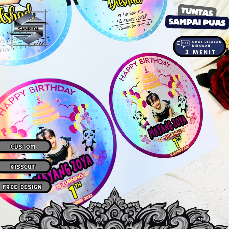 

9-15 Sticker Ulang Tahun Anak Hologram Anti Air Stiker Label Happy Birthday Uk.Besar Sanrida