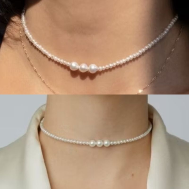KALUNG CHOKER MANIK MUTIARA SINTETIS KAIT STAINLESS