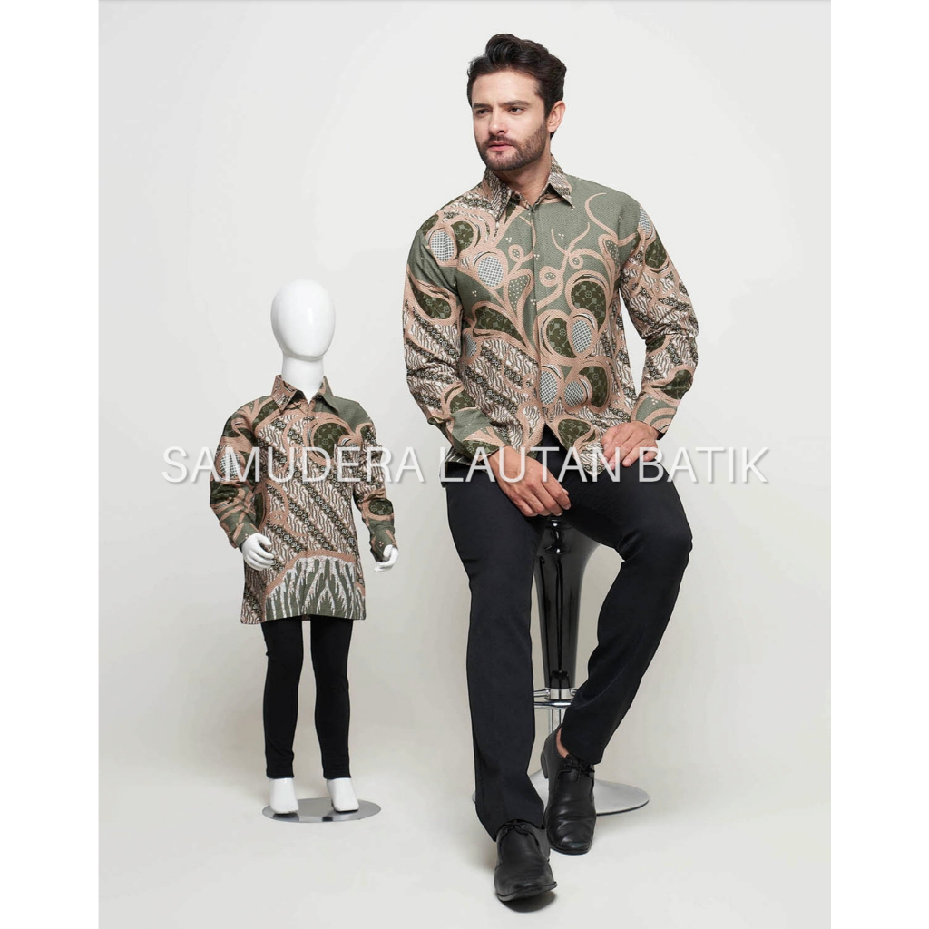 Kemeja Batik Couple Ayah Anak Warna Hijau Sage,Batik kombinasi Hijau sage,Batik Super Jumbo,Batik Wa