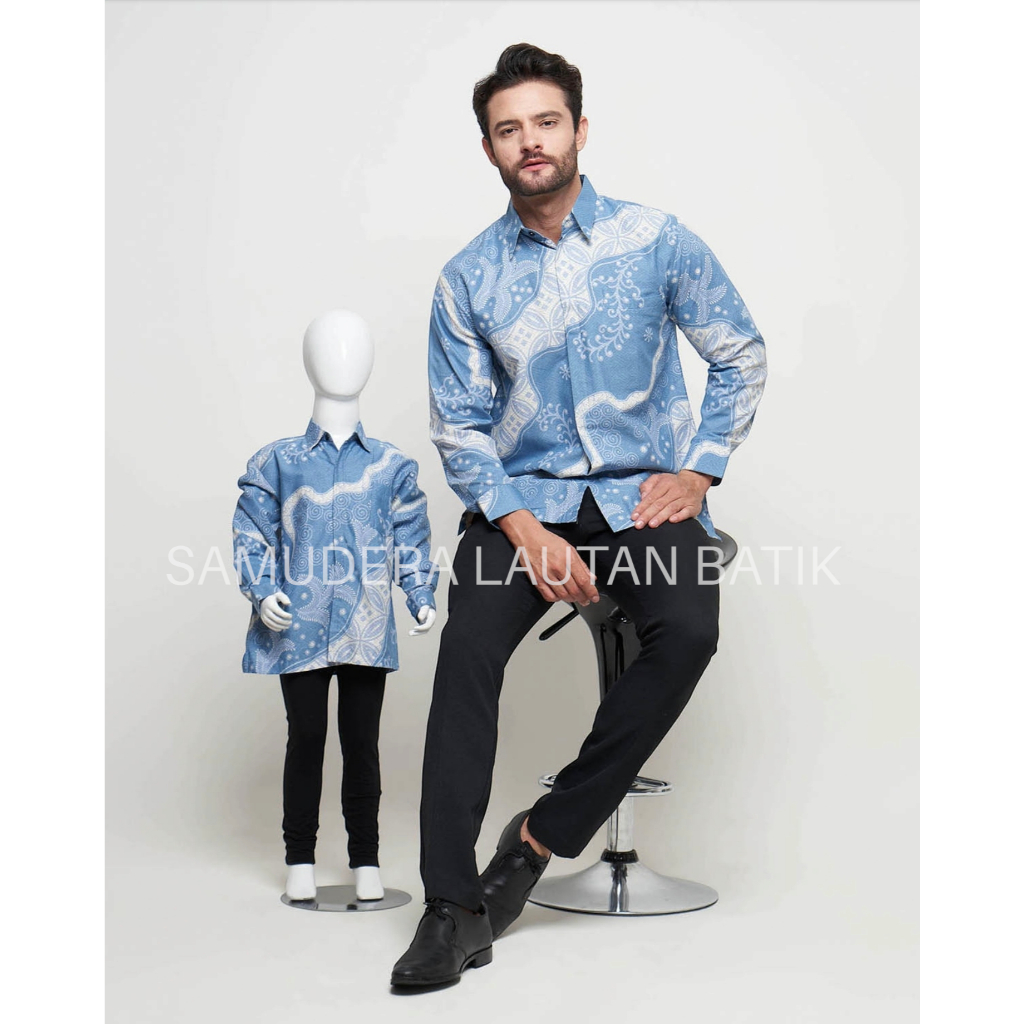 Batik Warna Ice Blue,Kemeja Batik Pria Couple Ayah Anak Warna Baby Blue,Batik Pria Warna Biru Muda,B