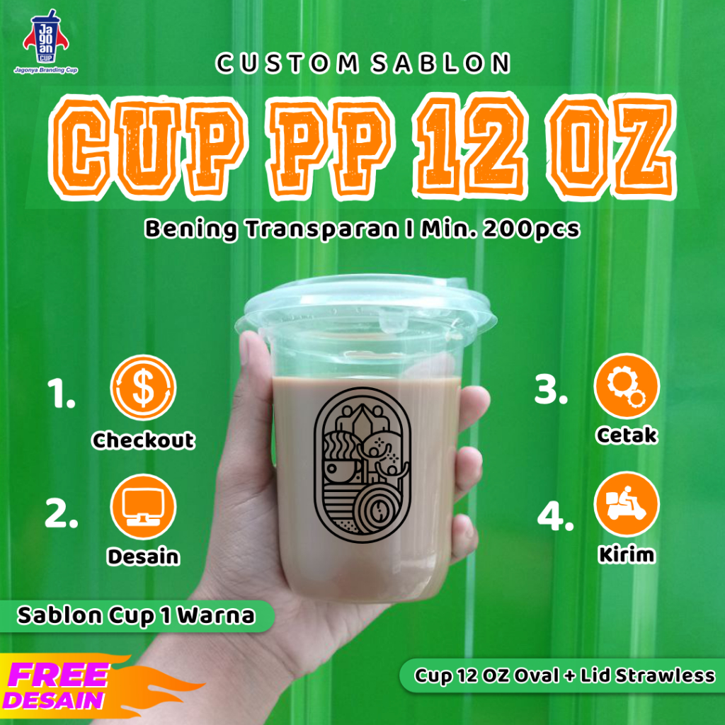 Sablon Gelas Cup 12 oz Oval & 12 Oz Datar + Lid Strawless
