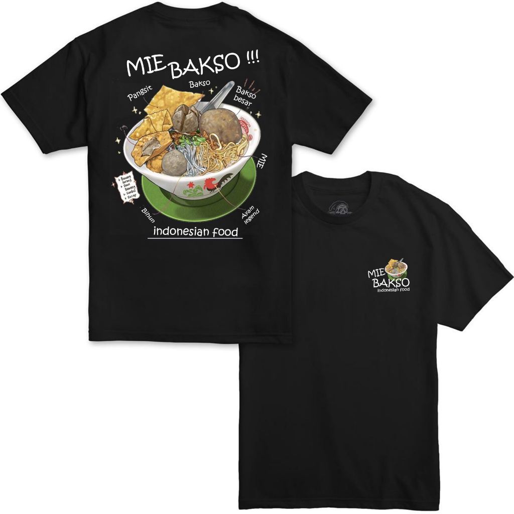 Kaos Pria - Indonesian Food - Mie  Bakso street food local kaos pria katun 30s warna hitam