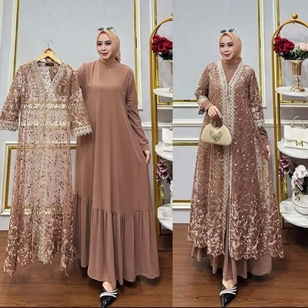 MaleaFashion Lestari Dress Bahan Ceruty Babydoll Aplikasi Brukat Mix Renda Terbaru Gamis Kekinian