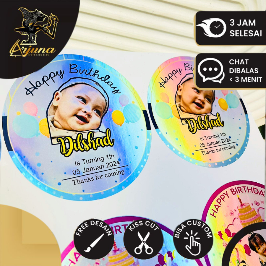 

9-15 Arjuna Sticker Ulang Tahun Anak Hologram Anti Air Stiker Label Happy Birthday Uk.Besar